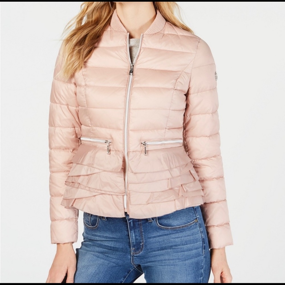 Tahari Pink Puffer with Ruffle Hem